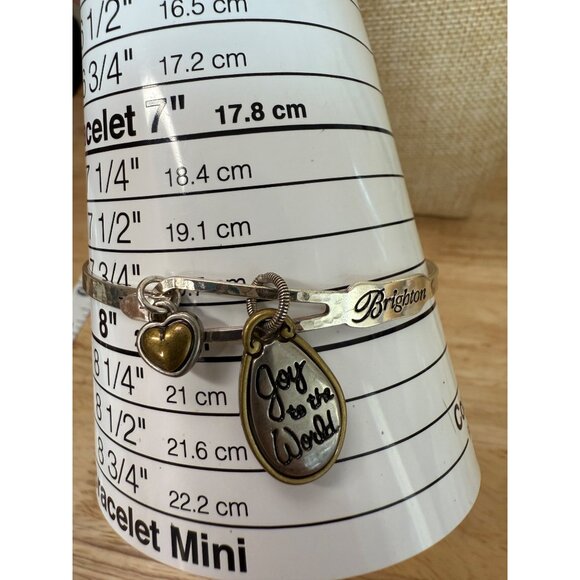 Brighton Silver & Gold-Tone Bangle Bracelet W/ Charms "Joy To The World" & Heart - Picture 8 of 8